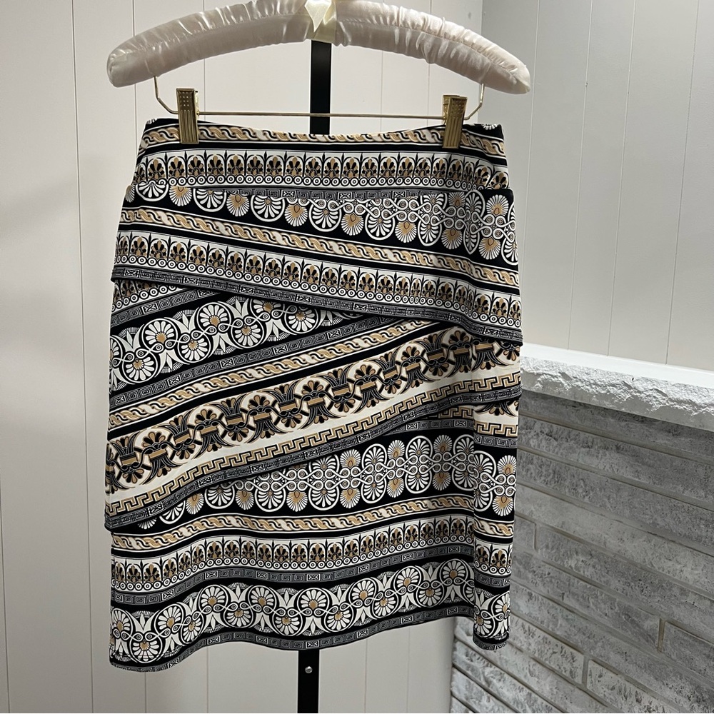 J. McLaughlin Nicola Catalina Cloth Black Tan Greek Pattern Layered Mini Skirt M